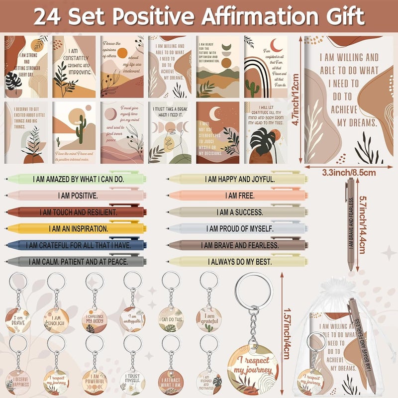 Mooliwe 72 Pcs/24 Set Positive Affirmation Gift Set Gratitude Notebooks with Pens Acrylic Keychains Small Bags Motivational Notepads for Women Coworkers Christmas Adults Party Favors (Boho) - Image 2